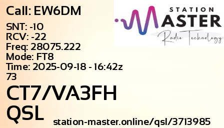 QSL Card for CT7/VA3FH QSO with EW6DM