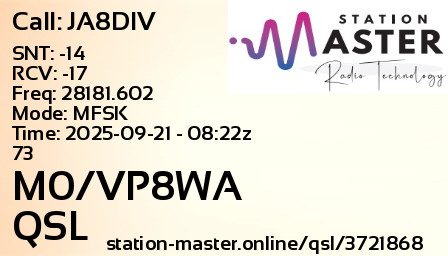 QSL Card for M0/VP8WA QSO with JA8DIV