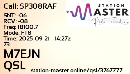QSL Card for M7EJN QSO with SP308RAF