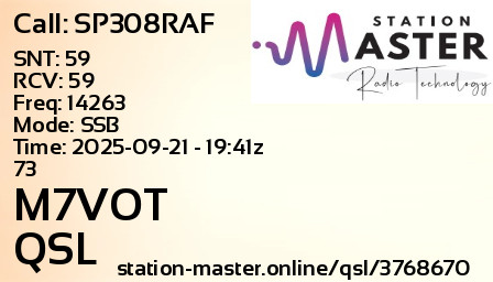 QSL Card for M7VOT QSO with SP308RAF