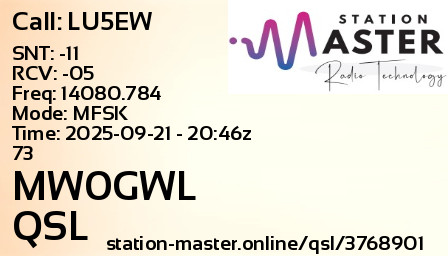 QSL Card for MW0GWL QSO with LU5EW