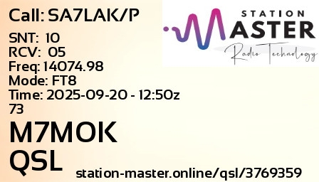 QSL Card for M7MOK QSO with SA7LAK/P