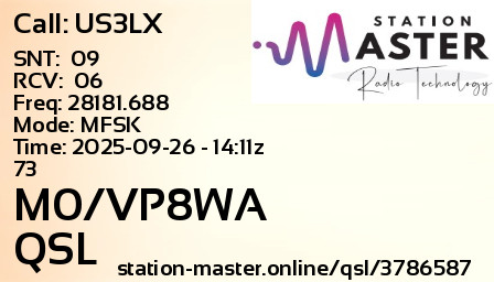 QSL Card for M0/VP8WA QSO with US3LX
