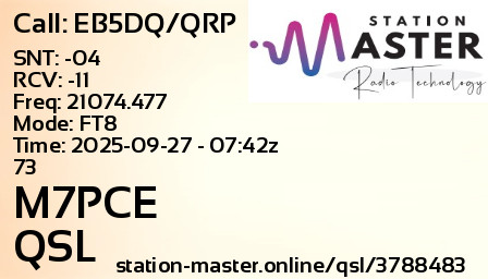 QSL Card for M7PCE QSO with EB5DQ/QRP