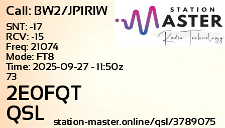 QSL Card for 2E0FQT QSO with BW2/JP1RIW