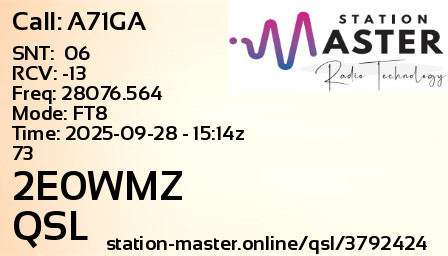 QSL Card for 2E0WMZ QSO with A71GA
