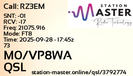 QSL Card for M0/VP8WA QSO with RZ3EM