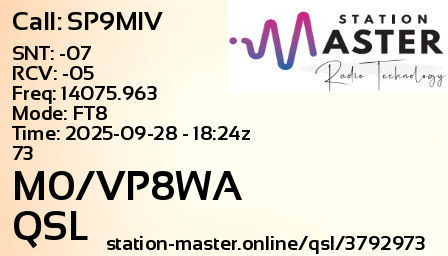 QSL Card for M0/VP8WA QSO with SP9MIV