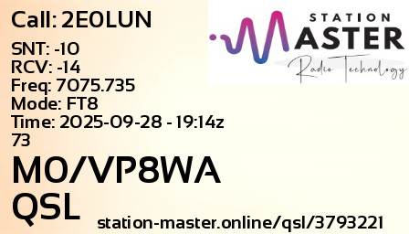 QSL Card for M0/VP8WA QSO with 2E0LUN
