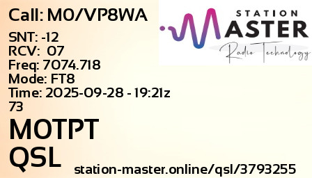 QSL Card for M0TPT QSO with M0/VP8WA