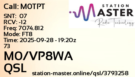 QSL Card for M0/VP8WA QSO with M0TPT