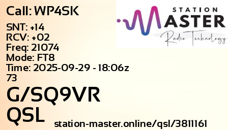 QSL Card for G/SQ9VR QSO with WP4SK