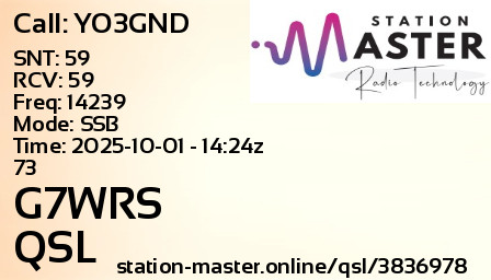 QSL Card for G7WRS QSO with YO3GND