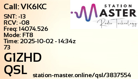 QSL Card for G1ZHD QSO with VK6KC
