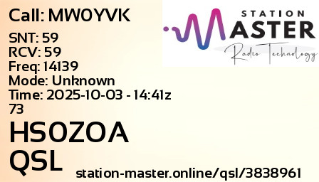 QSL Card for HS0ZOA QSO with MW0YVK