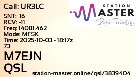 QSL Card for M7EJN QSO with UR3LC