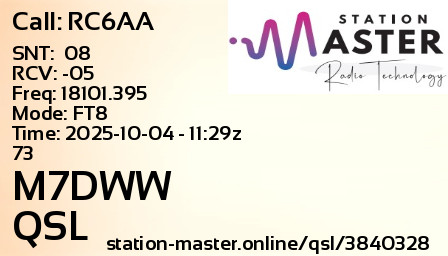QSL Card for M7DWW QSO with RC6AA