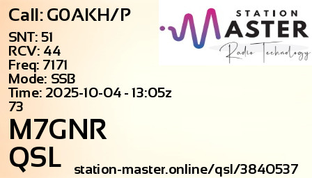 QSL Card for M7GNR QSO with G0AKH/P