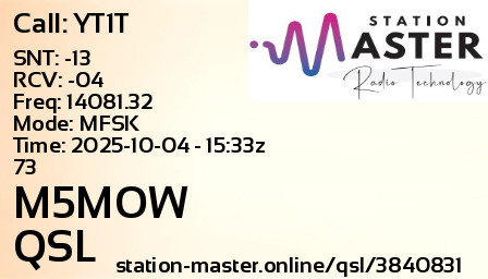 QSL Card for M5MOW QSO with YT1T