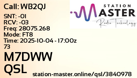 QSL Card for M7DWW QSO with WB2QJ