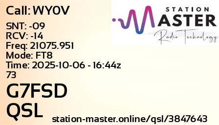 QSL Card for G7FSD QSO with WY0V