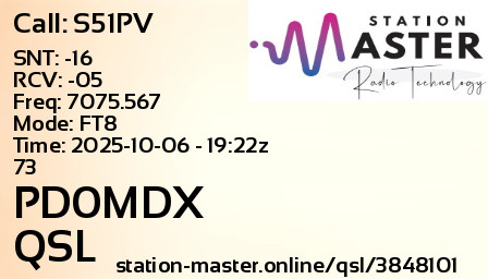 QSL Card for PD0MDX QSO with S51PV