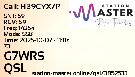 QSL Card for G7WRS QSO with HB9CYX/P