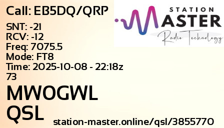 QSL Card for MW0GWL QSO with EB5DQ/QRP