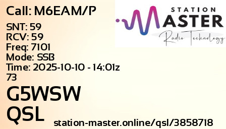 QSL Card for G5WSW QSO with M6EAM/P