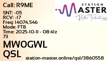 QSL Card for MW0GWL QSO with R9ME