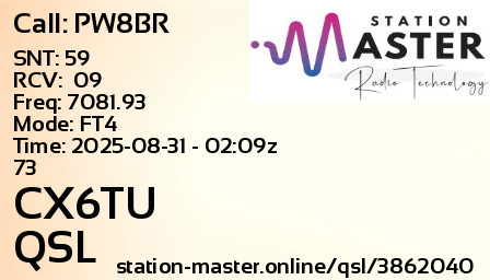 QSL Card for CX6TU QSO with PW8BR