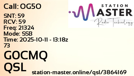QSL Card for G0CMQ QSO with OG5O