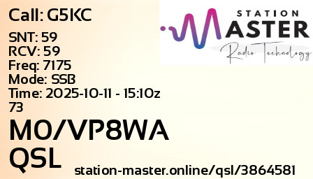 QSL Card for M0/VP8WA QSO with G5KC