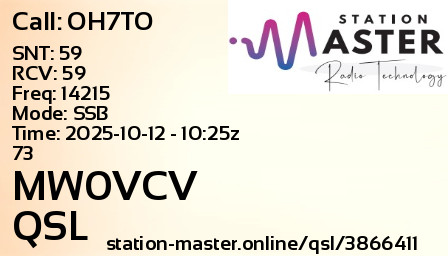 QSL Card for MW0VCV QSO with OH7TO