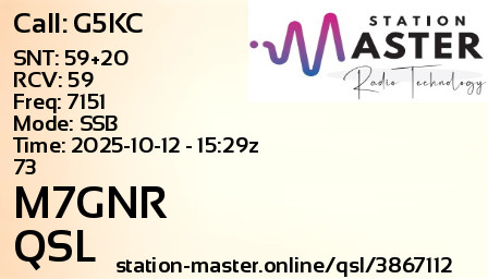 QSL Card for M7GNR QSO with G5KC