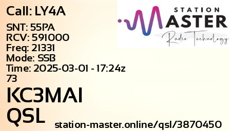 QSL Card for KC3MAI QSO with LY4A
