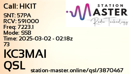 QSL Card for KC3MAI QSO with HK1T
