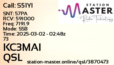 QSL Card for KC3MAI QSO with S51YI