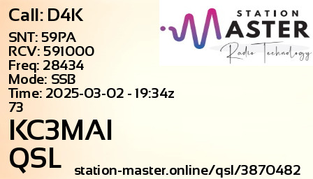 QSL Card for KC3MAI QSO with D4K