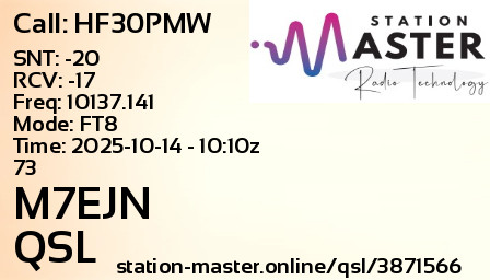 QSL Card for M7EJN QSO with HF30PMW