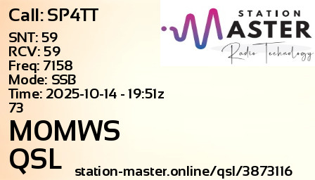 QSL Card for M0MWS QSO with SP4TT
