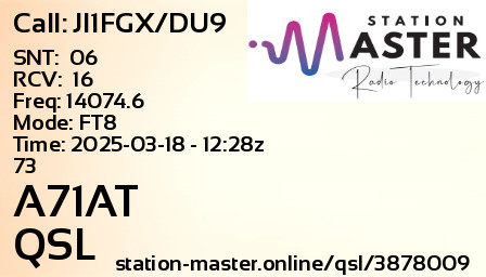 QSL Card for A71AT QSO with JI1FGX/DU9