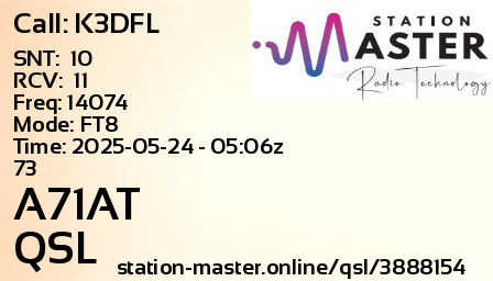 QSL Card for A71AT QSO with K3DFL