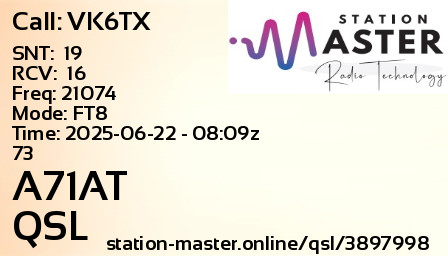 QSL Card for A71AT QSO with VK6TX