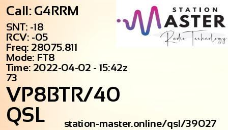 QSL Card for VP8BTR/40 QSO with G4RRM