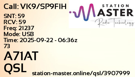 QSL Card for A71AT QSO with VK9/SP9FIH