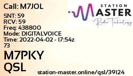 QSL Card for M7PKY QSO with M7JOL