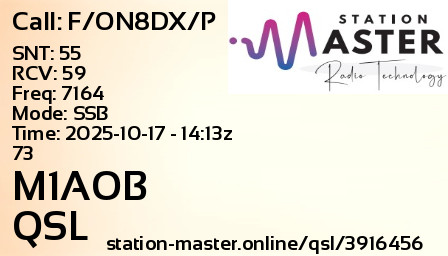 QSL Card for M1AOB QSO with F/ON8DX/P