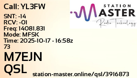 QSL Card for M7EJN QSO with YL3FW