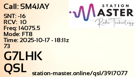 QSL Card for G7LHK QSO with SM4JAY